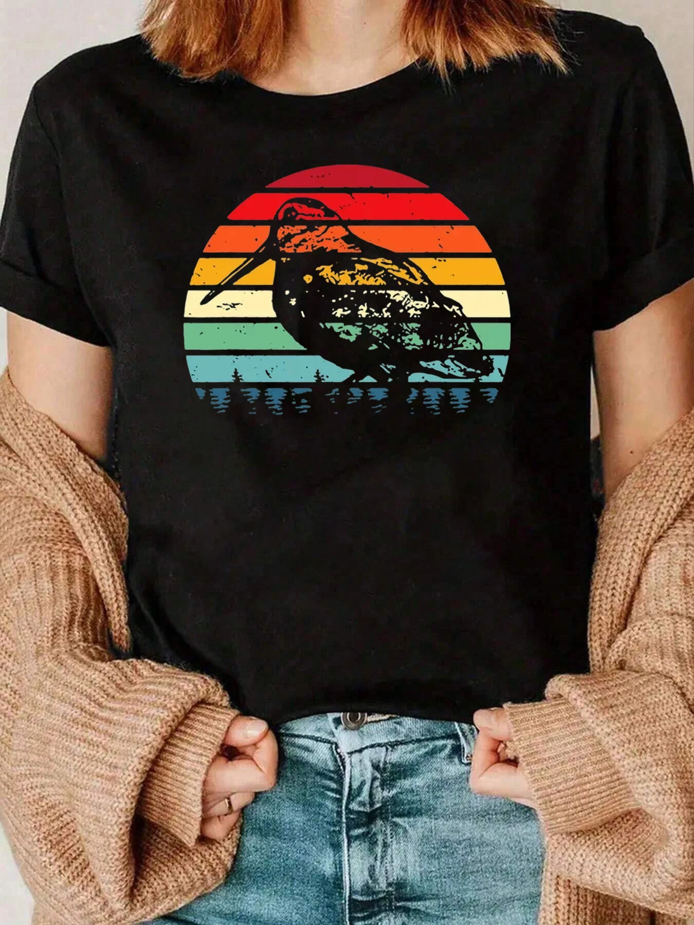 

Woodpecker Sunset Print T Shirt Casual Outfit For Nature Lovers Women 220g