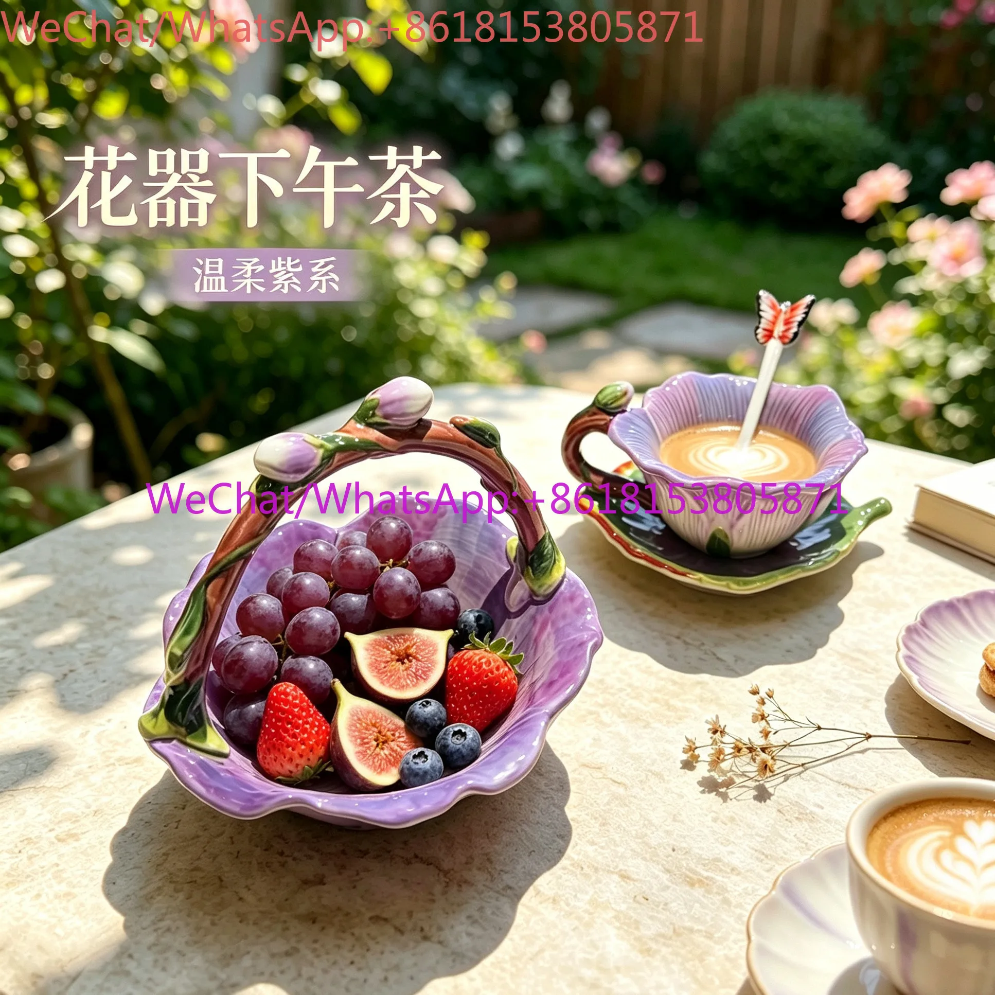 Ceramic rose flower shape fruit tray tea set handmade teacup fruit basket outdoor