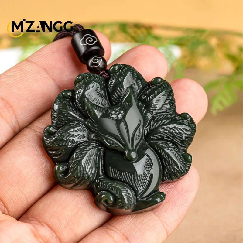 Naturalny Hetian Jade atrament Jade dziewięcioogoniasty wisiorek z lisem ręcznie rzeźbione wysokiej jakości biżuteria męska i damska Amulet na szczęście — zdjęcie 3