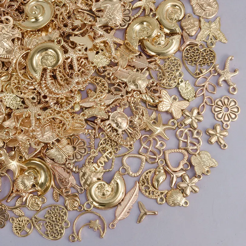 10-100pcs/lot Mixed Random KC Gold Color Sea Animals Shells Conch Starfish Flowers Leaves Moon Pendants Jewelry Finding Necklace
