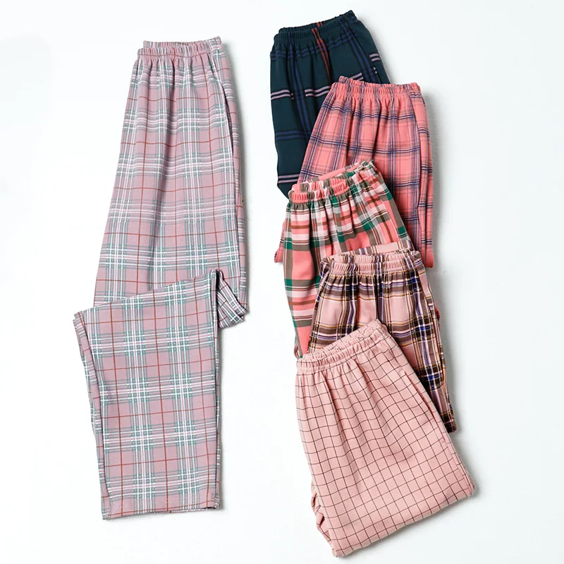 Plaid Print Sleep Bottom Women Cotton Long Pants Home Pajamas Soft Spring Pants Elastic Waist Big Yards 4XL Casual Sleepwear