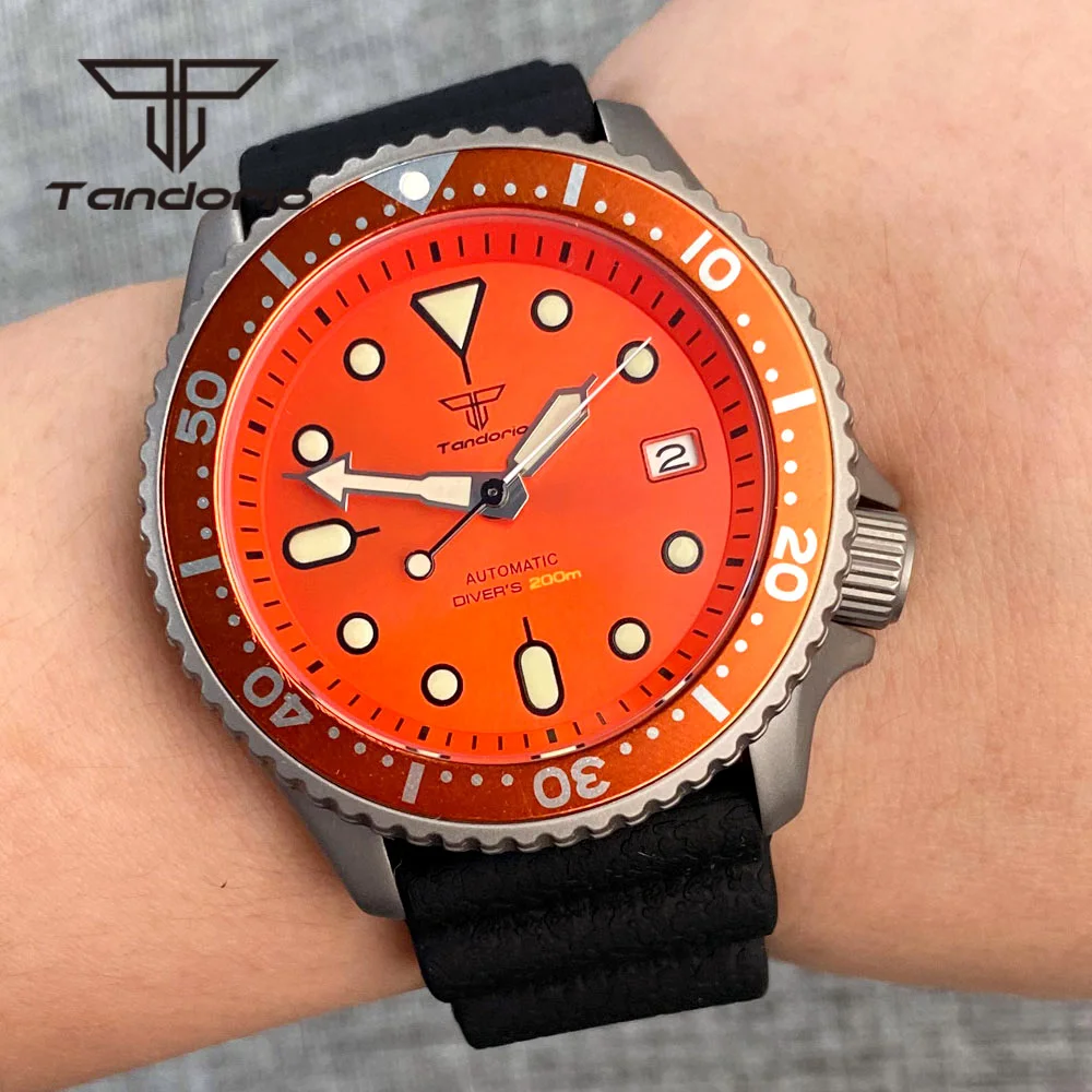 Tandorio 41mm Titanium Case NH35A 20Bar Classic Dive Men Automatic Watch Orange Black Dial Luminous Sapphire Glass Date Display