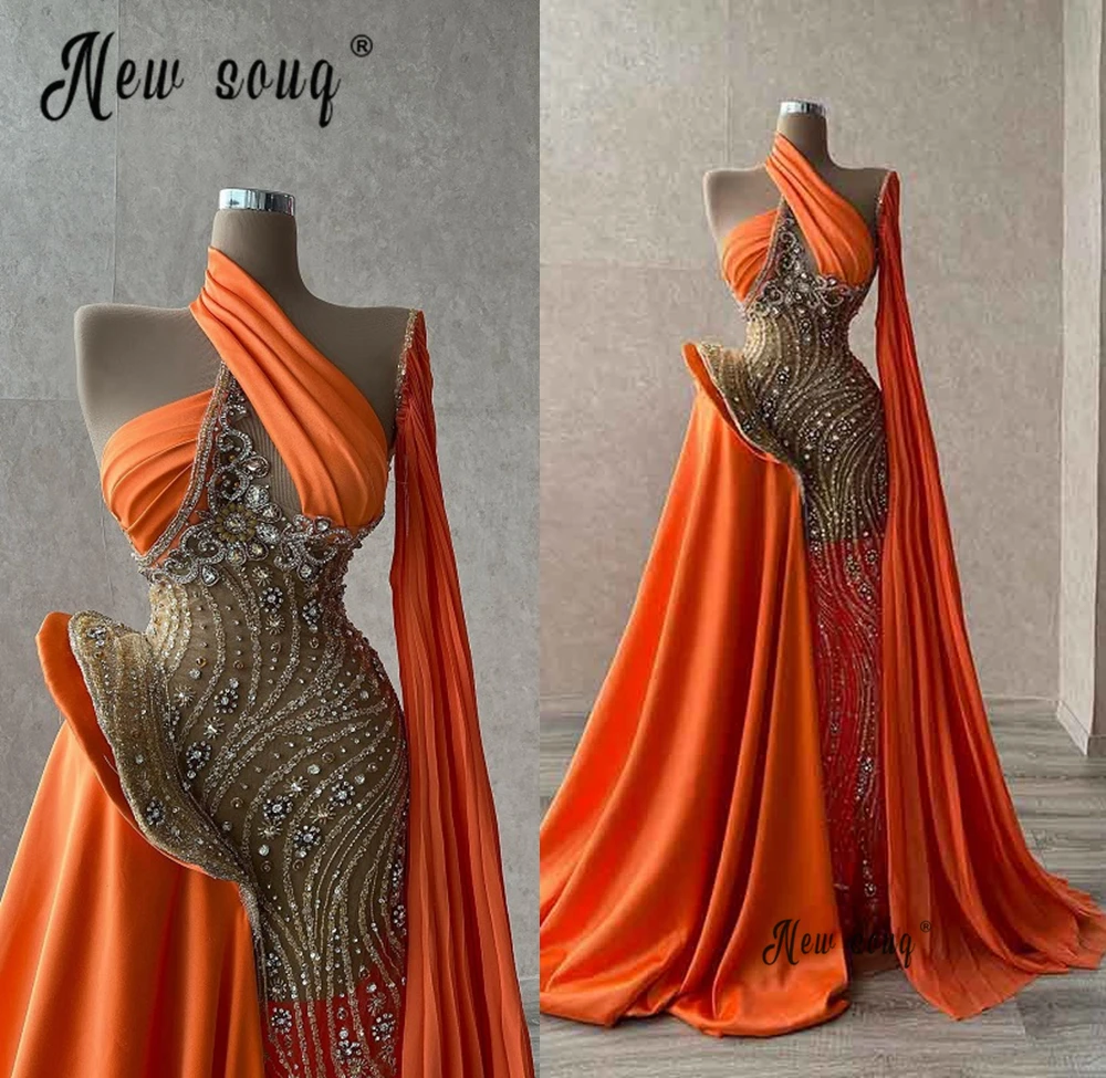 Robe de Soirée Arabe à Manches sulf, Orange, Perlée Africaine, pour Fille Noire