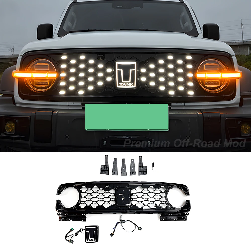 

For 2021-2025 Tank 300 Starry Sky Front Grille with Lights Honeycomb Grille Illuminated Emblem, Black Tech Exterior Modification