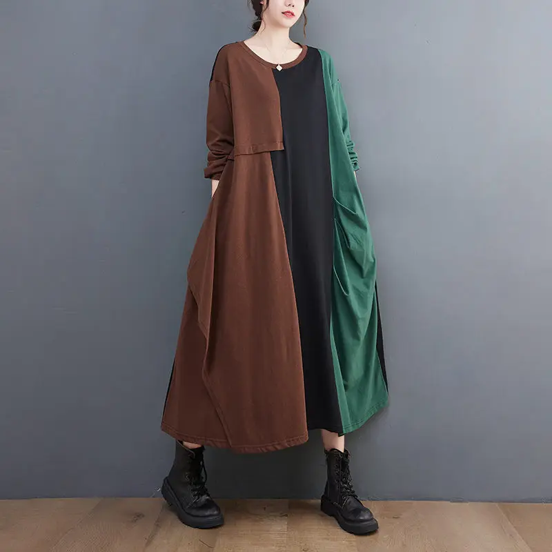 Oversized Women Clothing 2022 Loose Fashion Color-Blocking Stitching Cotton Knitted Color Blocking Irregular Casual Dress T526