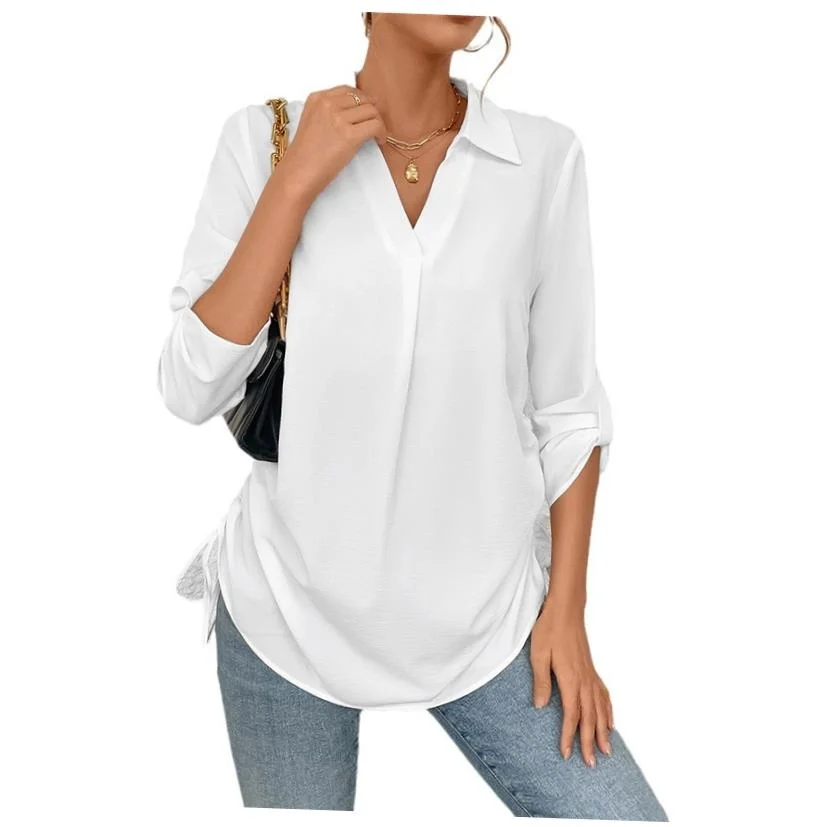 Feminino europeu e americano sle praia irt branco topo cinco quartos sve flip colarinho mistura de poliéster comprimento midi