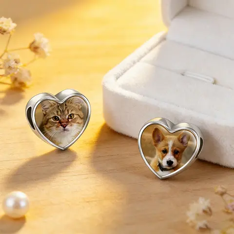 Custom Dog's Photo / Cat's Love Heart Beads Stainless Steel Customized Picture Charm