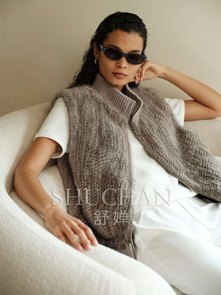 2026 Autumn Winter Jacket Women Imported Velvet Mink Woven Fur Knitted Splicing Stand-up Collar/hooded Vest