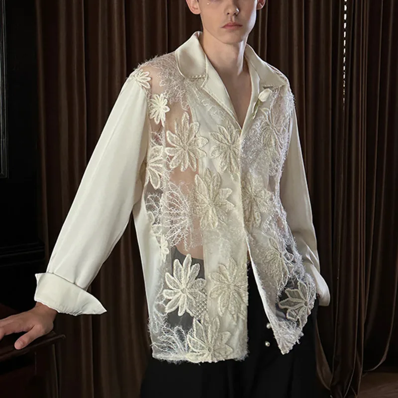 WVGA Spring Summer New Men Tide Trendy Three-Dimensional Flower Hollow Out Tops Niche Chic Casual Long Sleeved Shirts Ins W17982