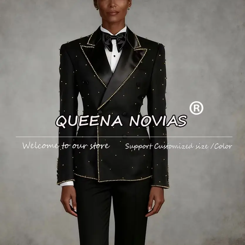 Luxury Gold Pearls Women's Suit 2 Pieces Sets пиджак женски Slim Fit Ladies Business Tuxedos Female Suit Customized