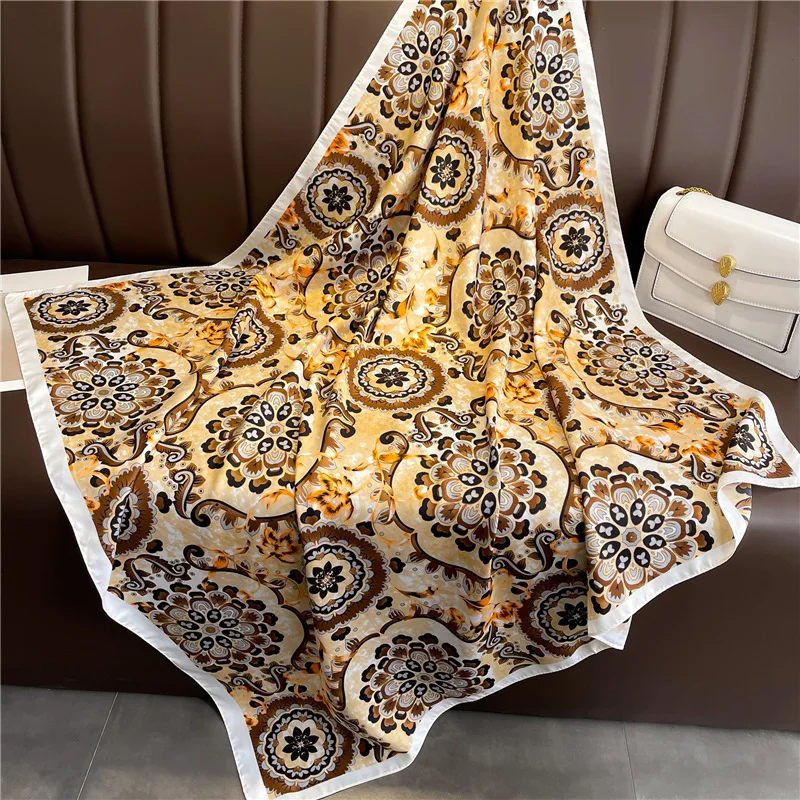 Luxury Design European Vintage Print Scarf 90X90cm Square Silk Scarf Hijab Shawls Foulard Ribbon Neckerchief Hairband Bandanna