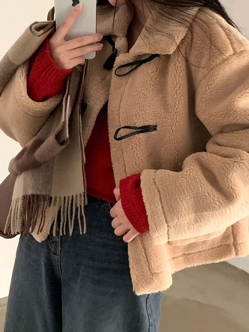 

Korean Sle Warmth eepskin ort Coat Women's Faion Loose Fit Button up Outerwear Lady's Winter Trendin