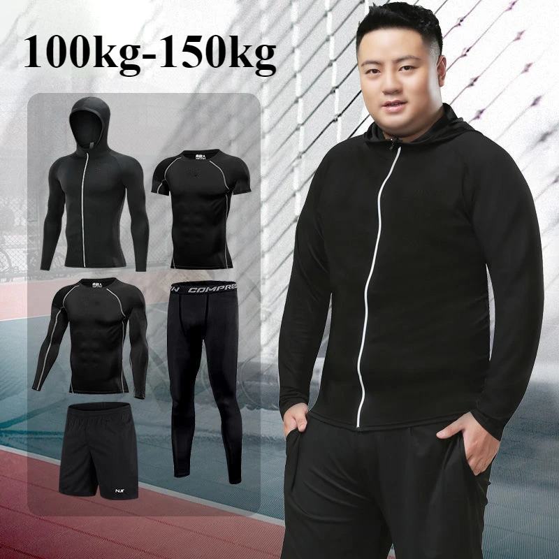 For 150 Kg Men's Sports 5pcs Set T-shirt + Active Shorts + Leggings + Long Sleeve Compression Shirt Tracksuits Gym Wear Men