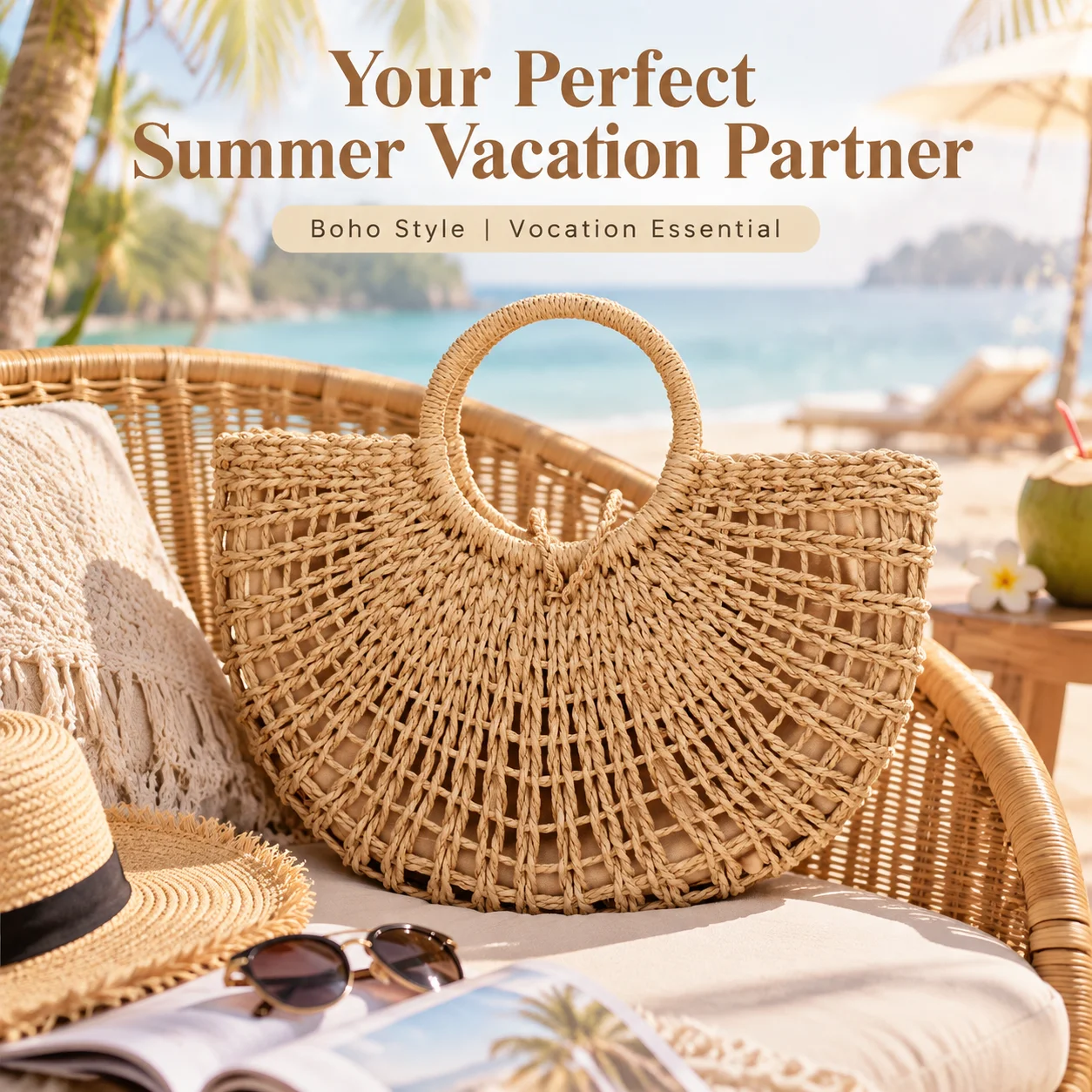 Universal Straw Handmade Weave Handbag Friendly Woven Basket Bag Luxury Hollow Designer Beach Shoulder Bag  High Quality Brand Straw Handbag Travel Basket Tote Bags Fashion Accessories New Gift