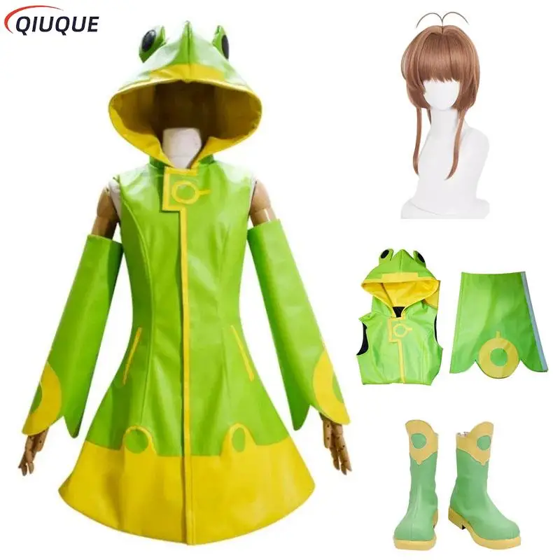 

Anime Card Captor Kinomoto Sakura Cosplay Costume Wig Shoes Girls Women Frog Raincoat for Children and Adult