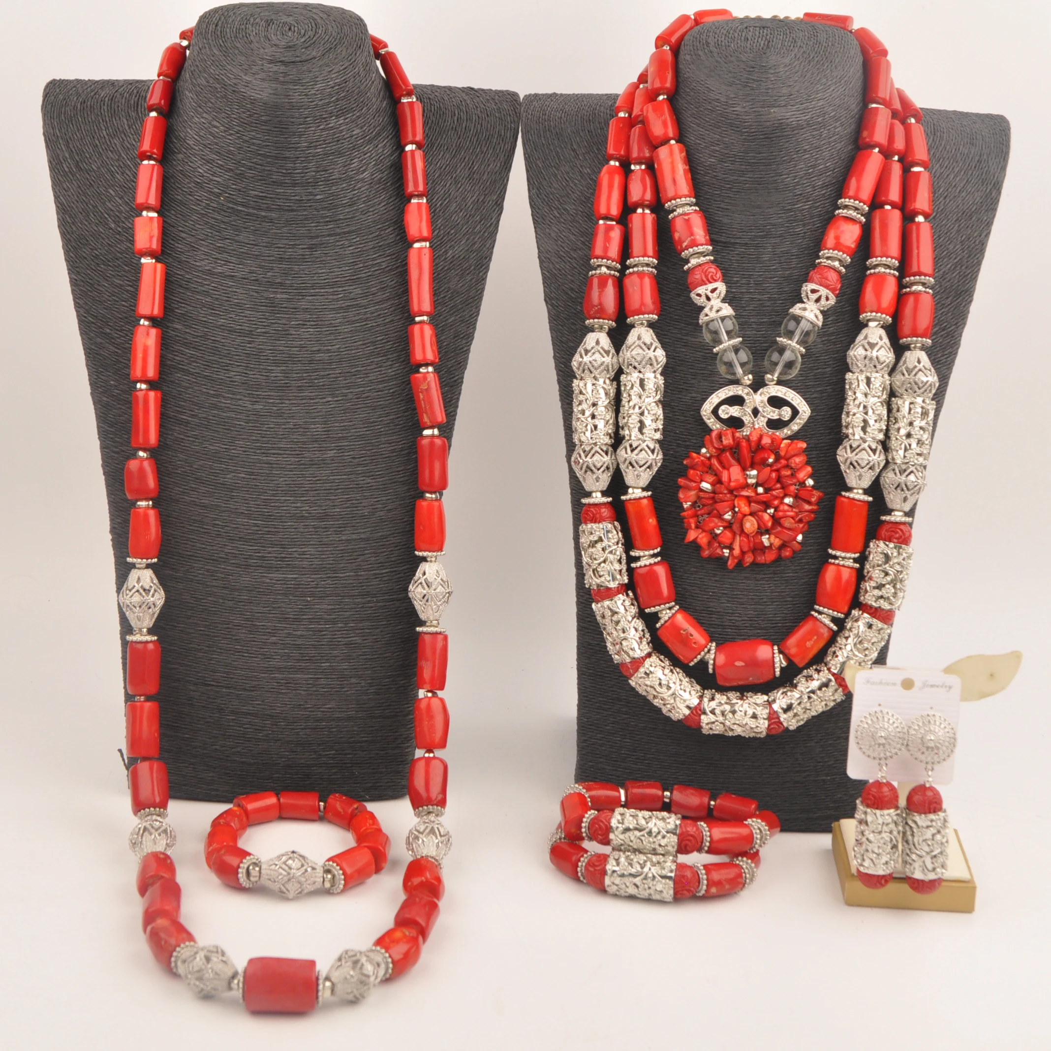 

Red Coral Beads Wedding Jewelry Set African Necklace Groom Bride Jewellery