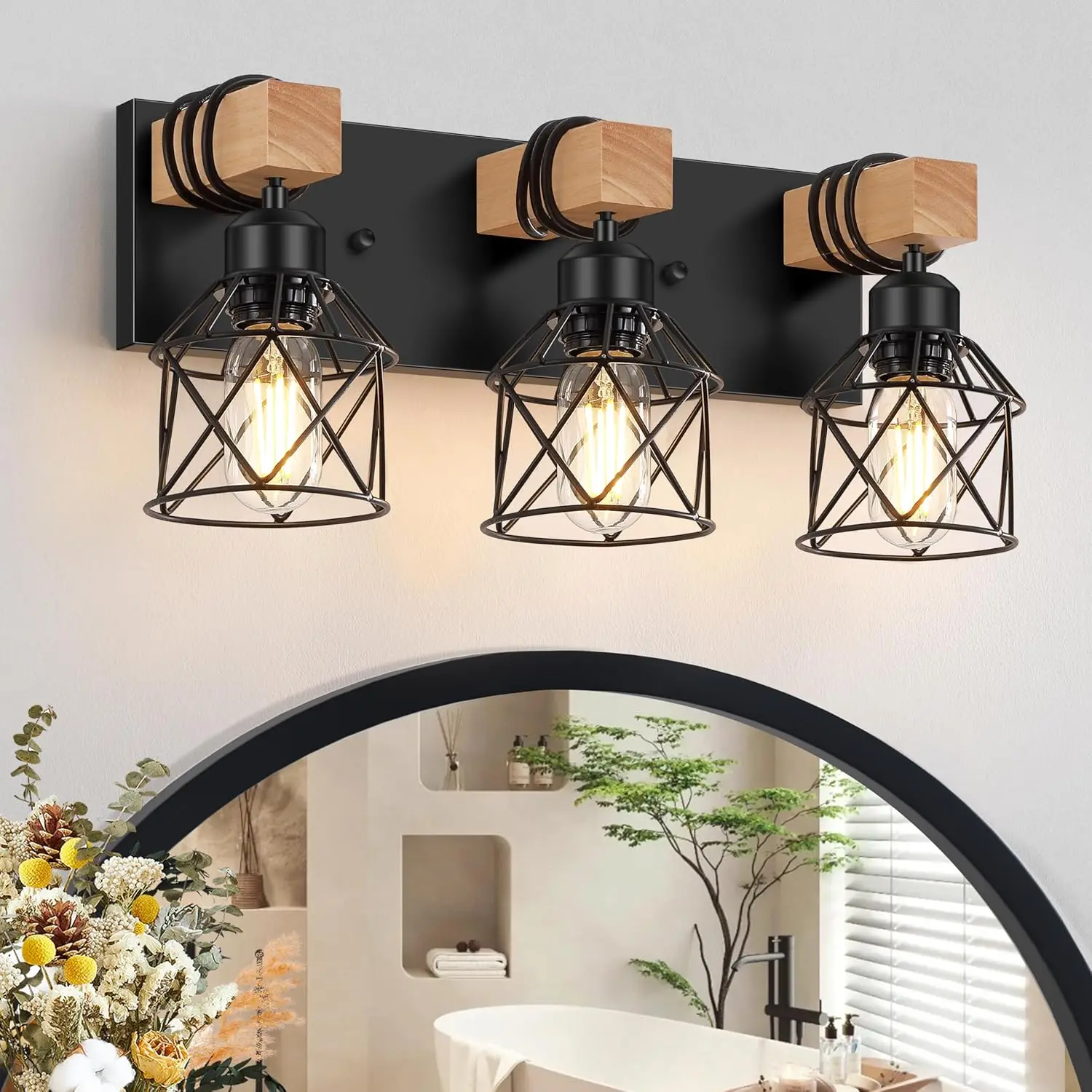 

3-Light Farmhouse Vanity Light for Bathroom, Wood and Black Metal Fixture with E26 Socket
