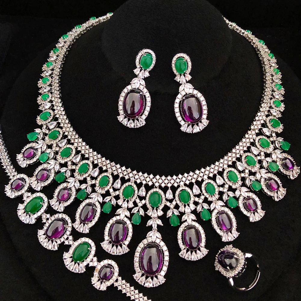 GODKI 4PCS Luxury Green purple Mixed Big Statement Jewelry set For Women Wedding Cubic Zircon CZ African Dubai Bridal Jewelry