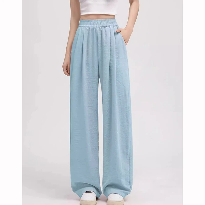 Hot Sale Solid Daily Female Leisure Pants 2025 Girls Fashion High Waist Pants Women Baggy Ice Silk Straight Leg Trousers