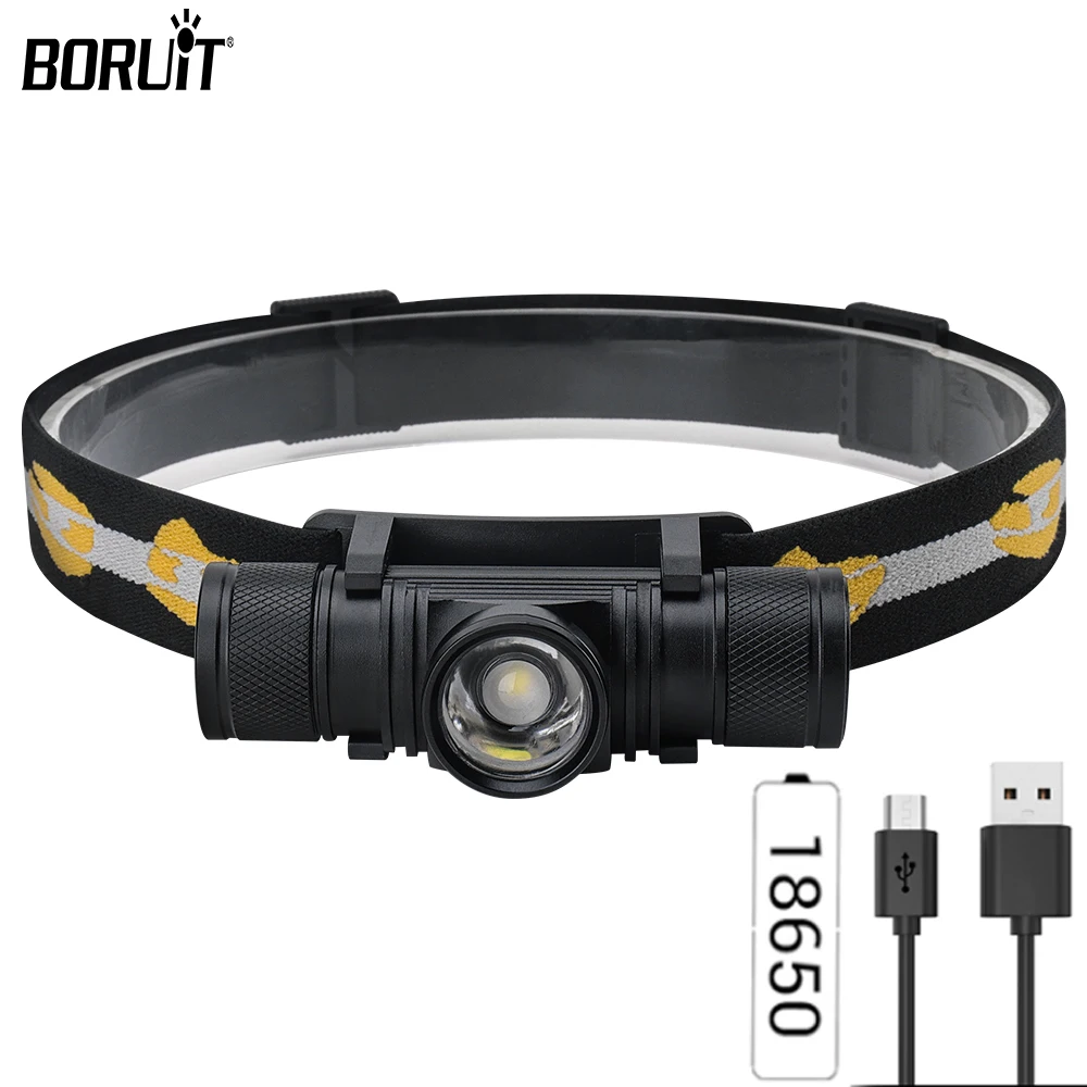 BORUiT D20 Zoom LED Headlamp 18650 Battery USB Rechargeable Work Headlight Waterproof Head Flashlight Fishing Camping Hunt Torch