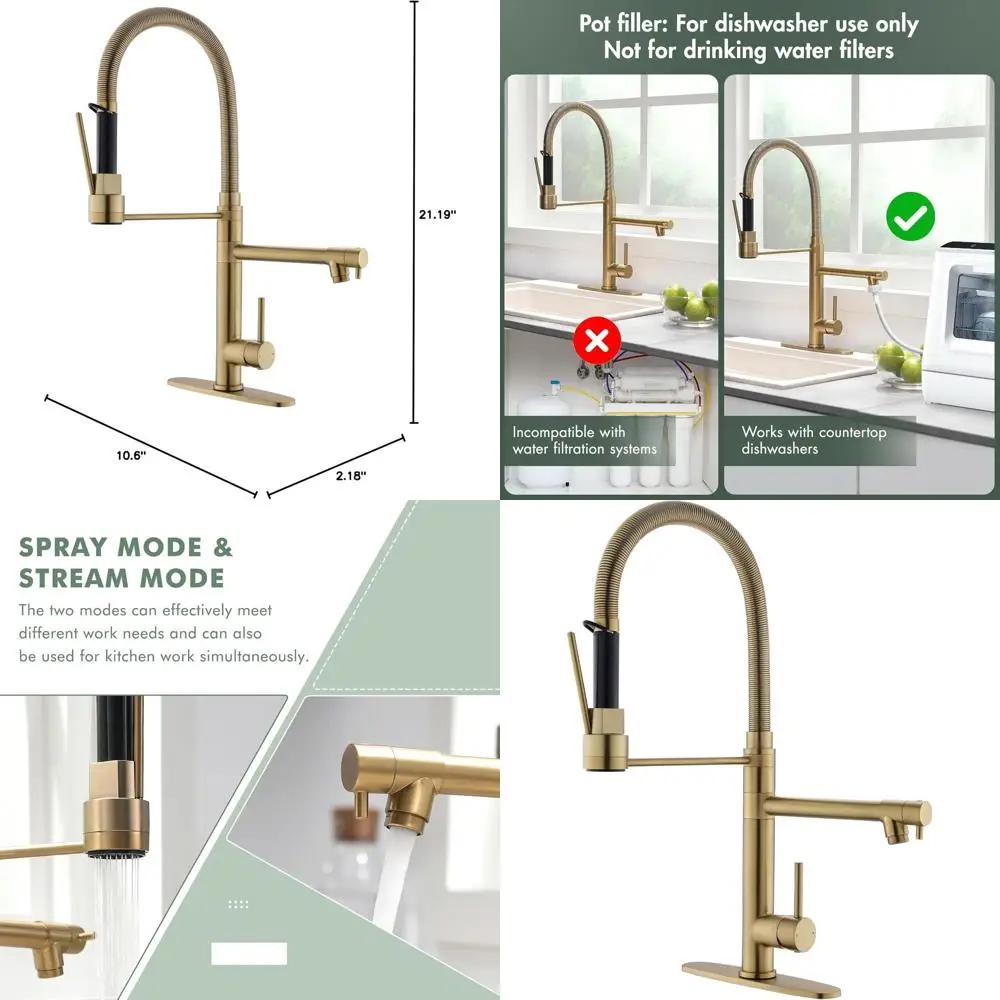 

Dual Spout Gold Kitchen Faucet with Pull-Out Sprayer