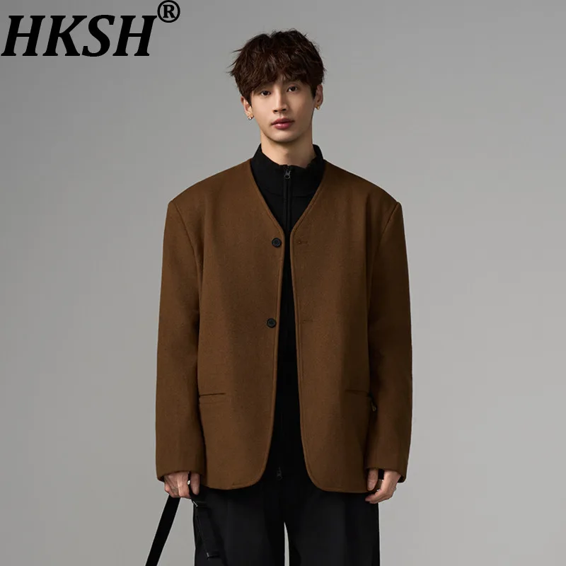 

Мужская демисезонная куртка HKSH: Новинка, элегантный дизайн, шерстяная смесь, повседневный стиль, трендовая модель, однобортное пальто HK18523