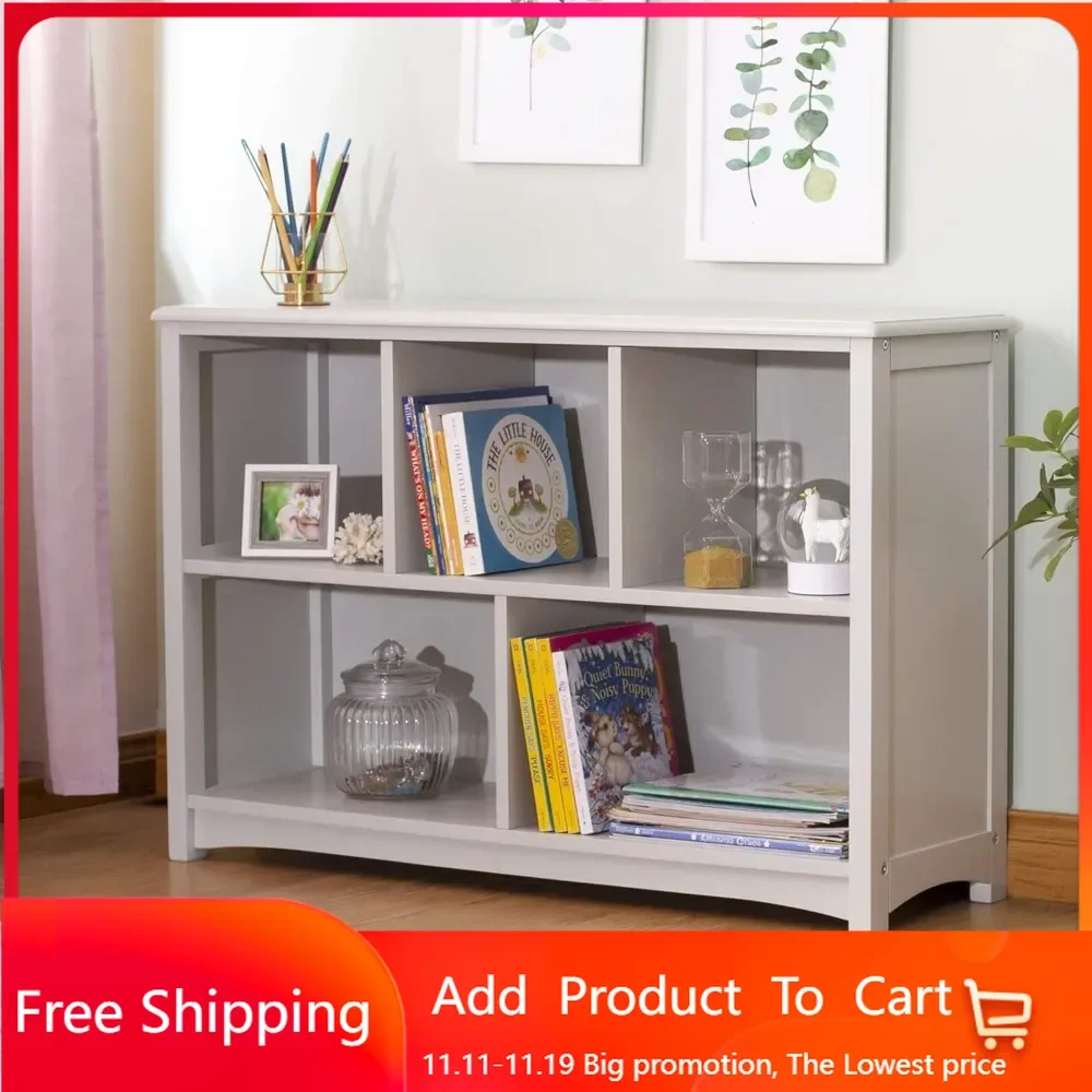 Classic Kids Bookshelf - Gray: Wooden 5-Compartment Storage Shelving Unit for Toys, Books, Paper, TV, and Bins - Children's