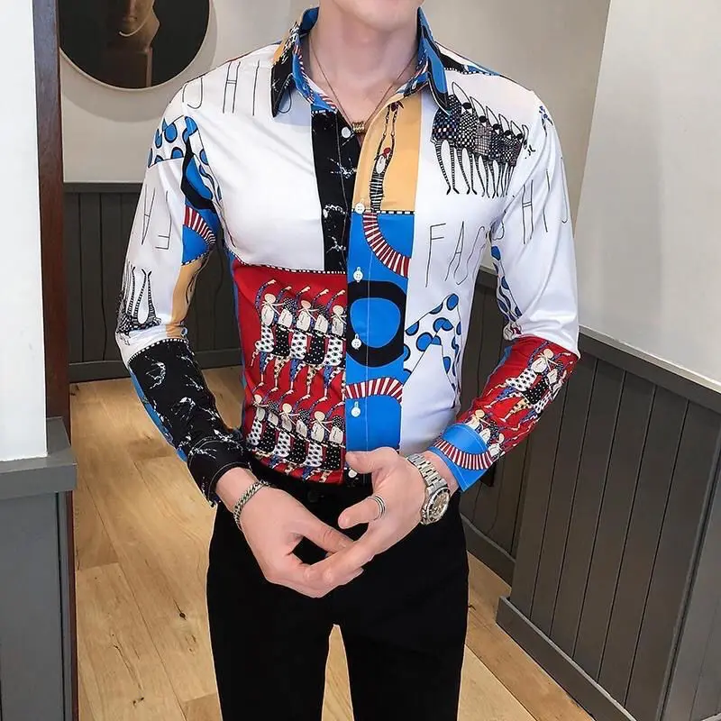 Fashion autumn fashion printing Korean long sleeve men's shirt handsome nightclub personality tight British casual shirt