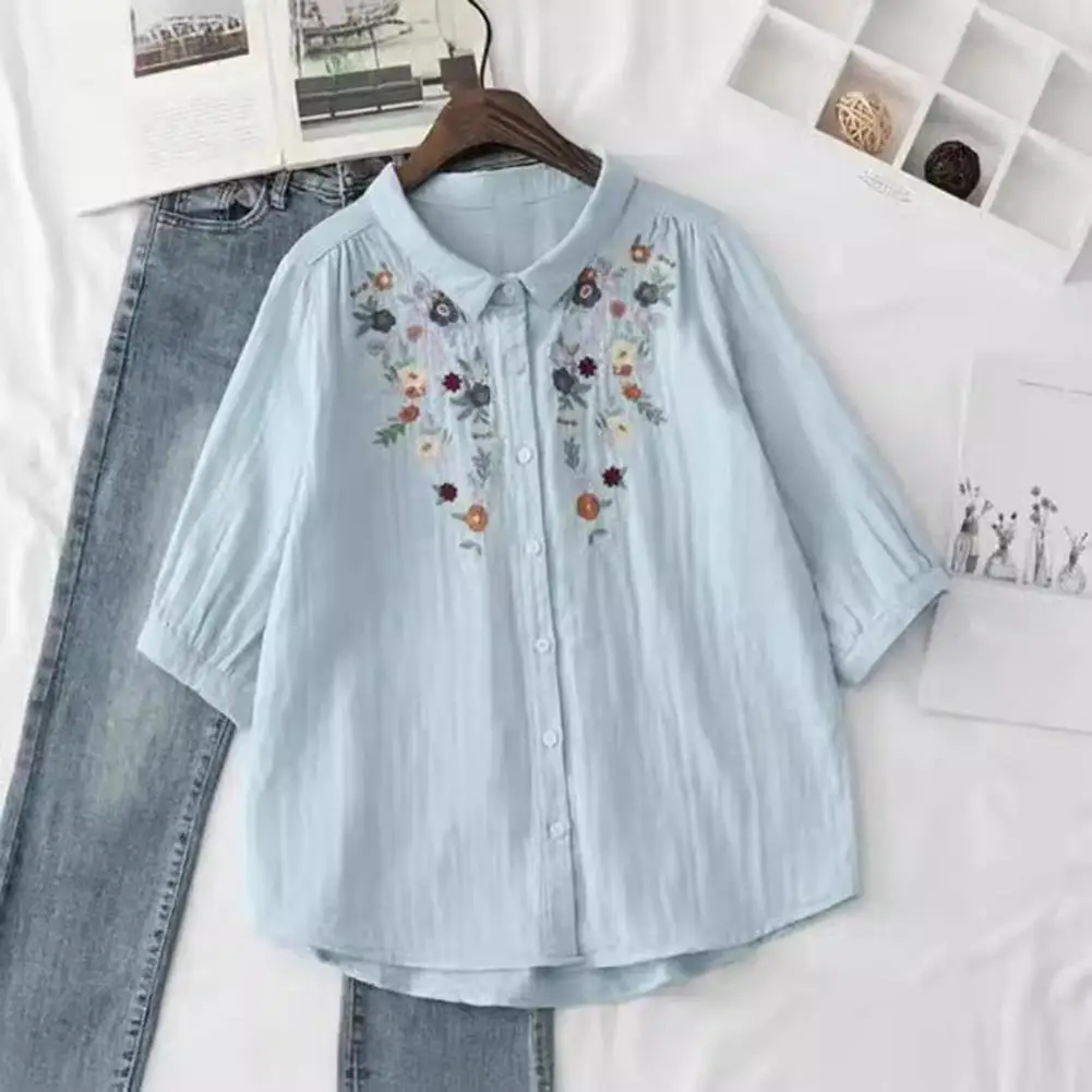 Soft Texture Loose Fit Top Office Shirt Flower Embroidery Print Shirt Tops for Women Office Wear with Loose Fit Lapel Collar