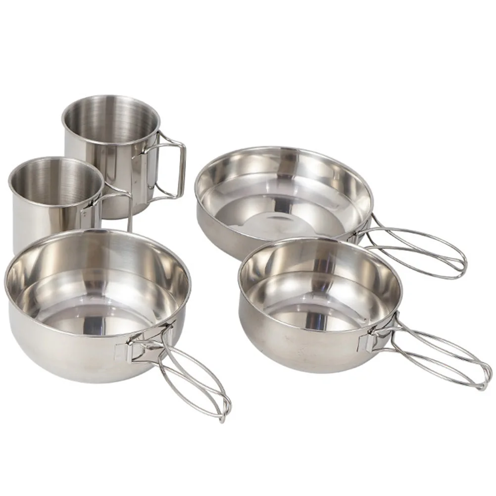 

5Pcs Stainless Steel Cup Pot Set Heavy Duty Camping Tableware Stackable Storage for Hiking Picnic Bbq Outdoor Activities