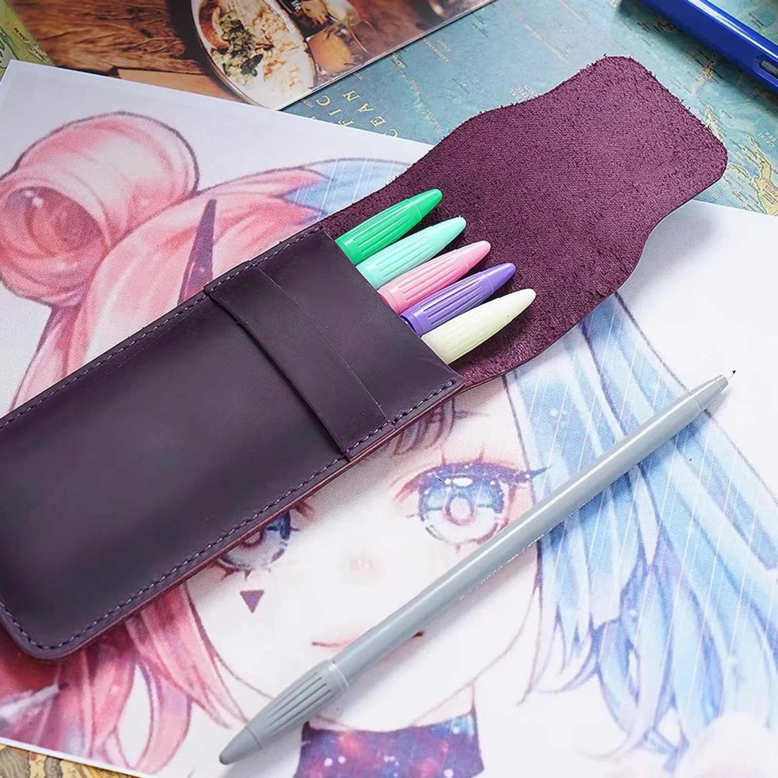 Bolsa de caneta de couro genuíno artesanal, bolsa de lápis de couro vintage estilo retrô, acessórios para diário de viagem