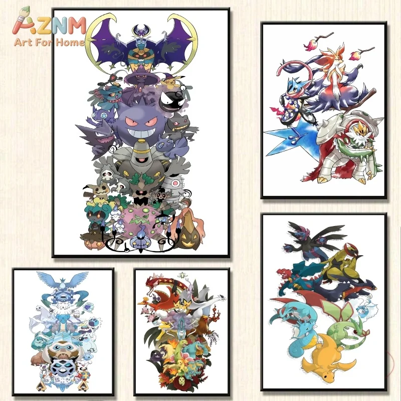 AZNM Stacked Pokemon Characters Canvas Print Unframed Ghost Ice Fire Dragon Type Anime Group Wall Decor Art Poster