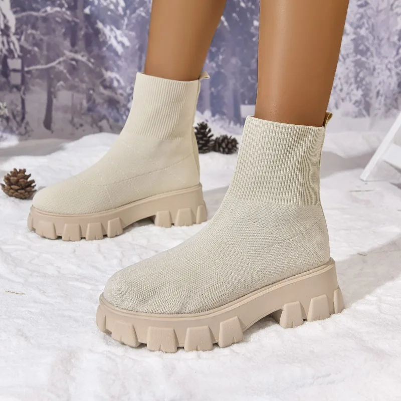 Spring and Autumn Designer Women's Knitted Socks Boots 2026 New Trend Thick Bottom Mid Heel Ankle Boots Casual Women's Shoes