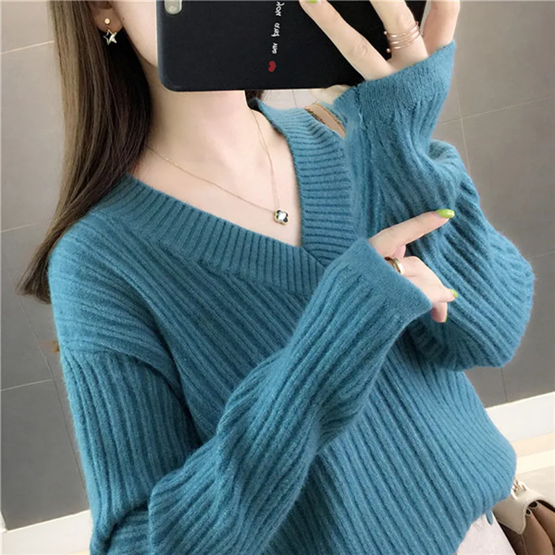 Damen Strick pullover neue Herbst Winter elegante Pullover weibliche warme Wolle V-Ausschnitt Langarm Top Pull Femme Pullover