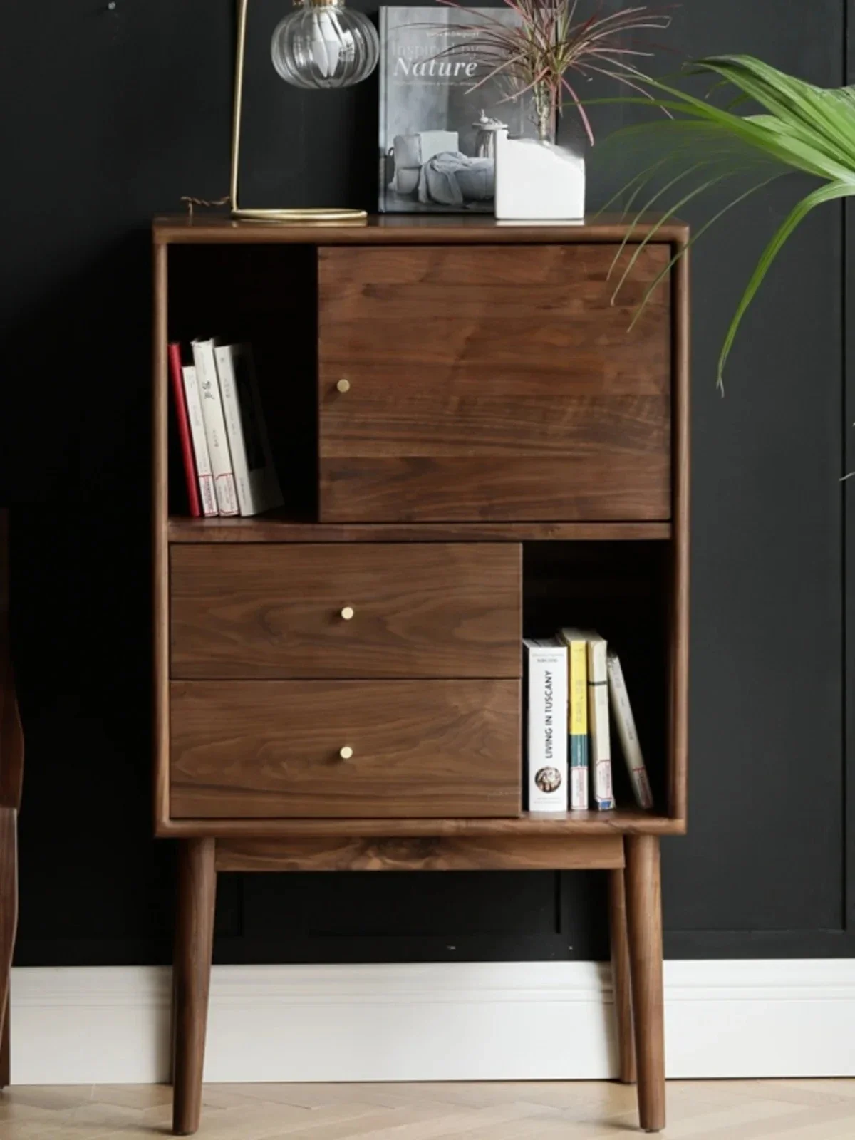 A  North America Black Walnut Wooden Shelf Nordic Side Table Sofa Side Cabinet Magazine Cabinet Sideboard Cabinet