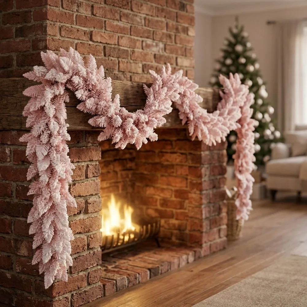 Pink flocked garland built with sturdy plastic needles and wire core for shaping and long term seasonal display use