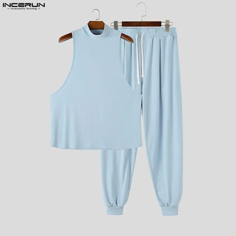 INCERUN Men Sets Solid Color Turtleneck Sleeveless Tank Tops Pants Two Piece Sets Streetwear Casual Men Matching Sets Tracksuits - view 4