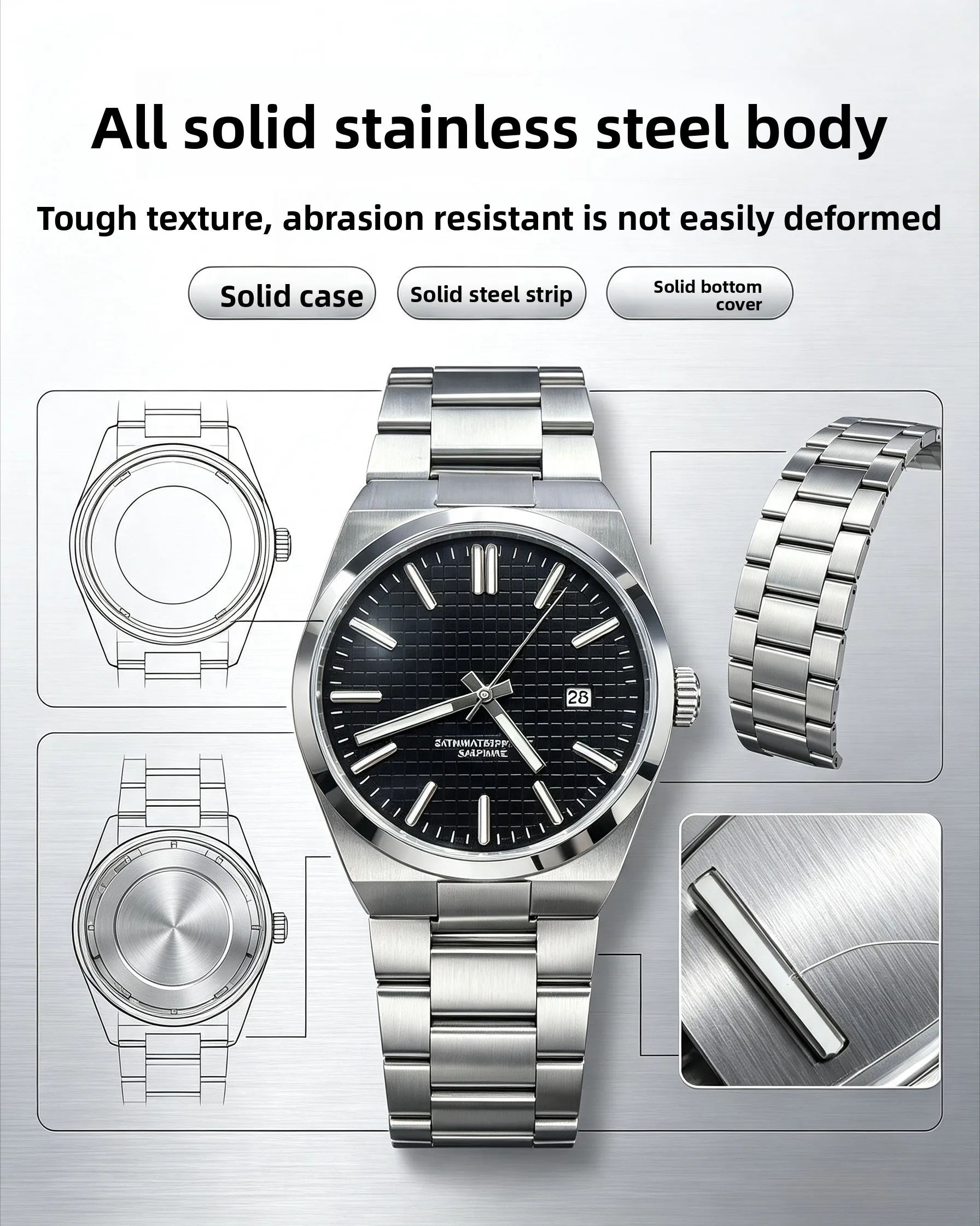Sapphire Glass Men's Watch Japanese Quartz Movement Stainless Steel Case 100m Waterproof Men's Swimming Watch