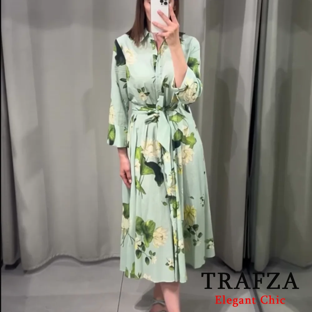 TRAFZA-Vestido casual estampado em folhas de lótus feminino, elegante estilo de camisa, botões, cintos, data de piquenique, verão, novo, 2024