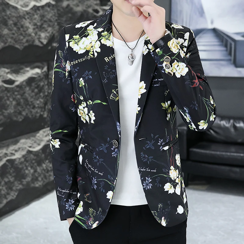 2024 Autumn Gilded Floral Suit Jacket Men's Slim Fit Long Sleeve Blazers Korean Fashion Casual Social Jackets Men Clothing