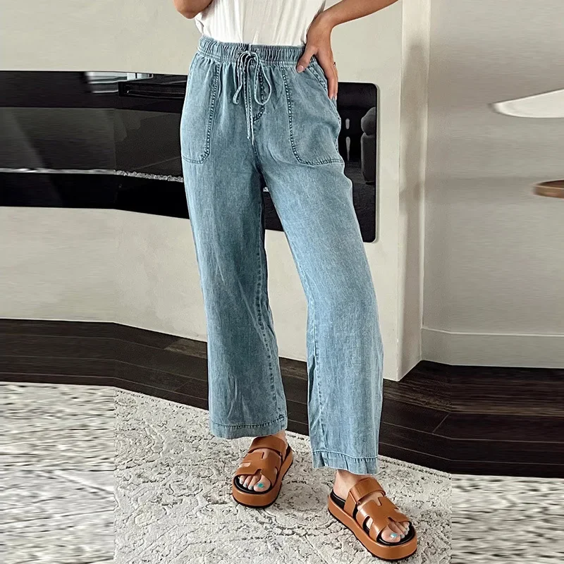 

Jeans Women Denim Straight Pants Streetwear Lace Up Elastic Waist Pockets Distressed Washed Vintage 2025 Ankle Length Trousers