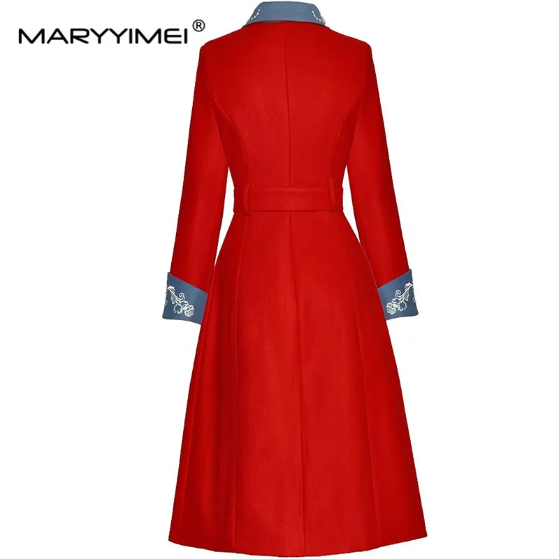 MARYYIMEI Fashion Runway Autumn Winter Women's Coat Turn-Down Collar Long Sleeved Embroidery Single-breasted Lace-Up Overcoat