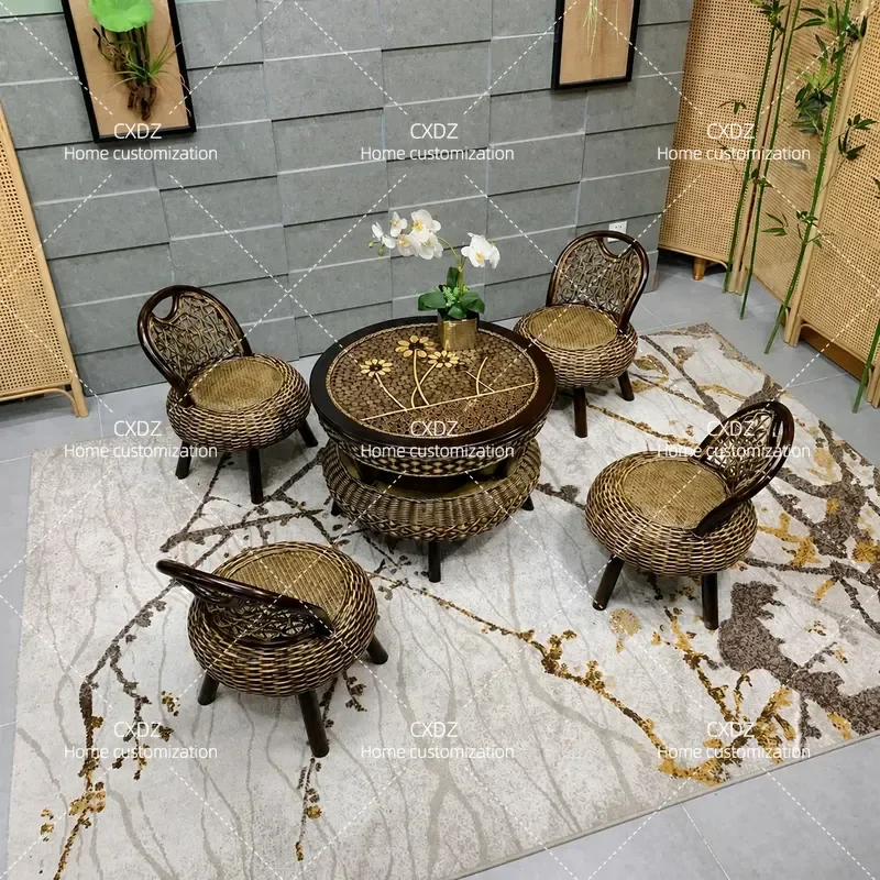 Natural Rattan Chair 3 Piece Balcony Table and Chair Set Coffee Table Combination Home Leisure Rattan Backrest Single Chair