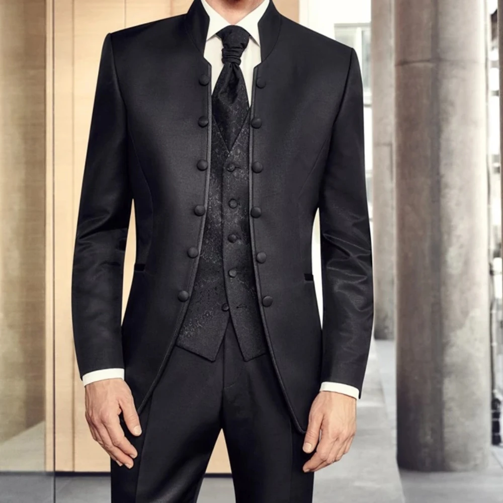 Tunic Men Suits with Stand Collar Double Breasted Blazer Jacket Vest Pants 3 Pcs Wedding Groom Tuxedo Italian Style 2025