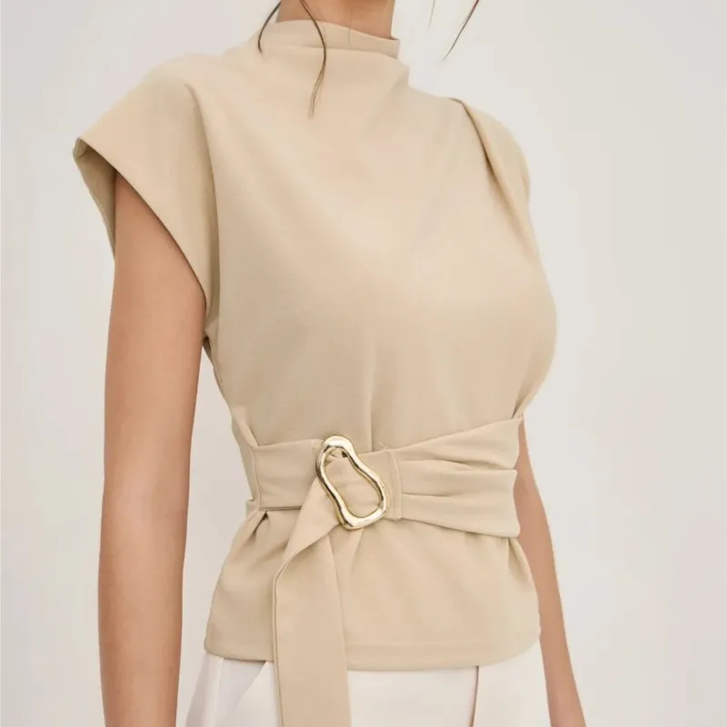 Fashion Commuting Blouses 2026 Summer Stand Collar Short Sleeve Irregular Slim Waist T-Shirts Casual Top Office Ladies Female