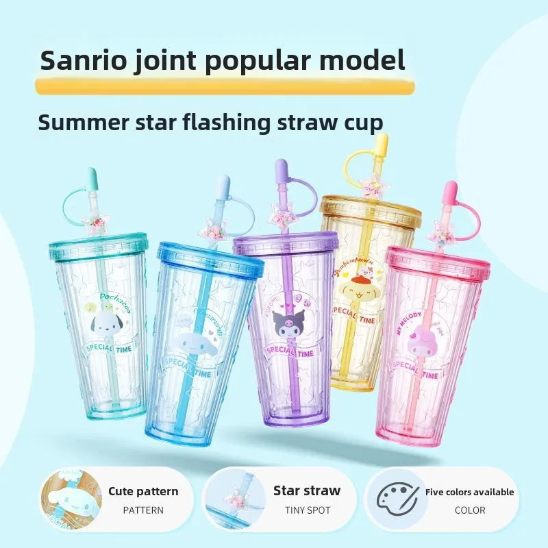 MINISO Sanrio Cinnamoroll Straw Cups Kuromi Coffee Cup Melody Pom Pom Purin Pochacco 420ml Plastic Kettle Gift Anime Perimeter