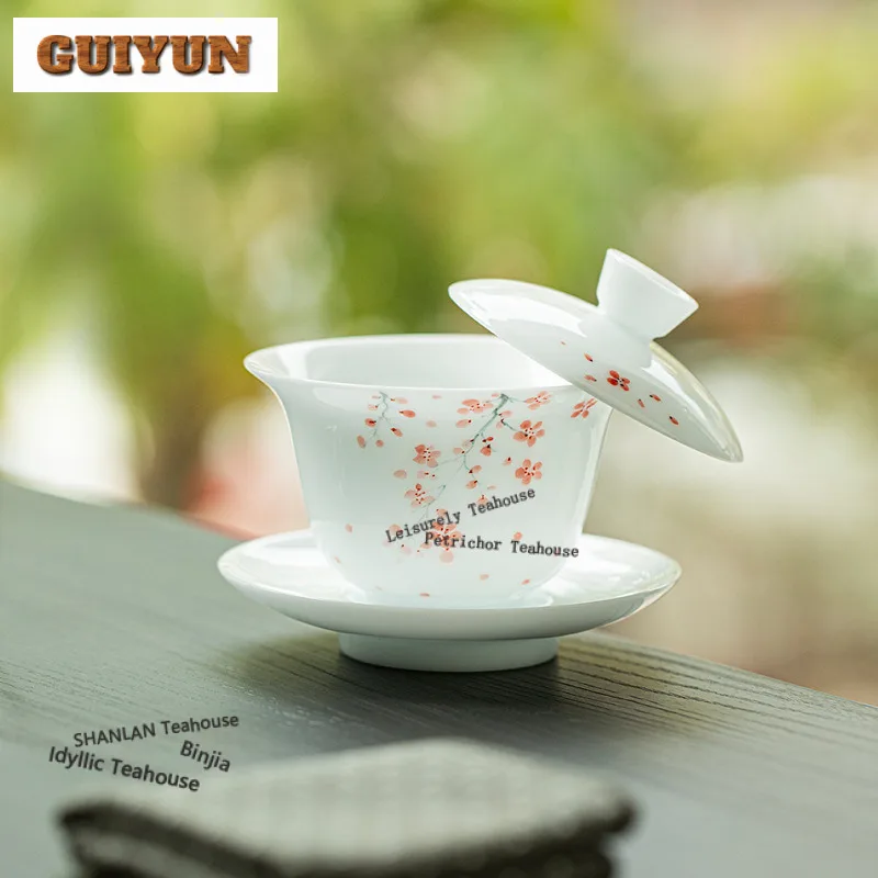 120ml Hand-painted Red Plum Gaiwan Elegant Tea Tureen Tea Bowl With Lid Kit Tea Brewing Cover Bowl Kung Fu Tea Set Decoration