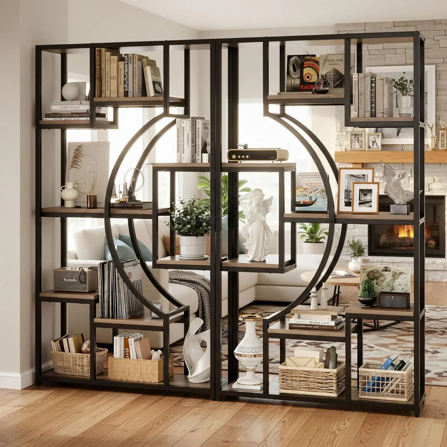 SGIAWETA-70.8' Tall Bookshelf Set of 2, 79' Wide Geometric Display Shelf with 18 Open Storage Shelves, Etagere-birthday