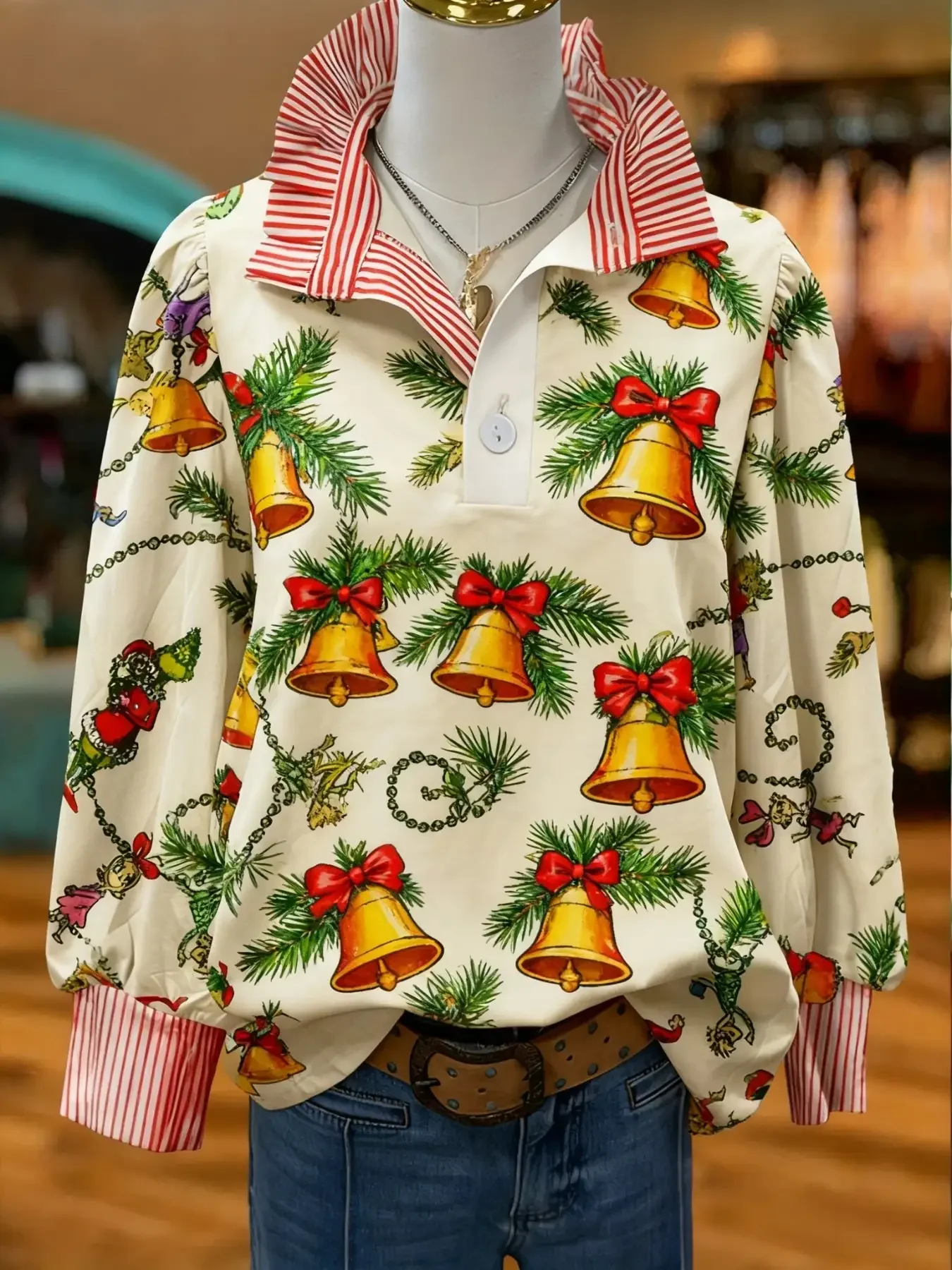 Women's striped casual fashion shirt with multi-color striped collar , Elegant necktie ruffles and foam sleeves