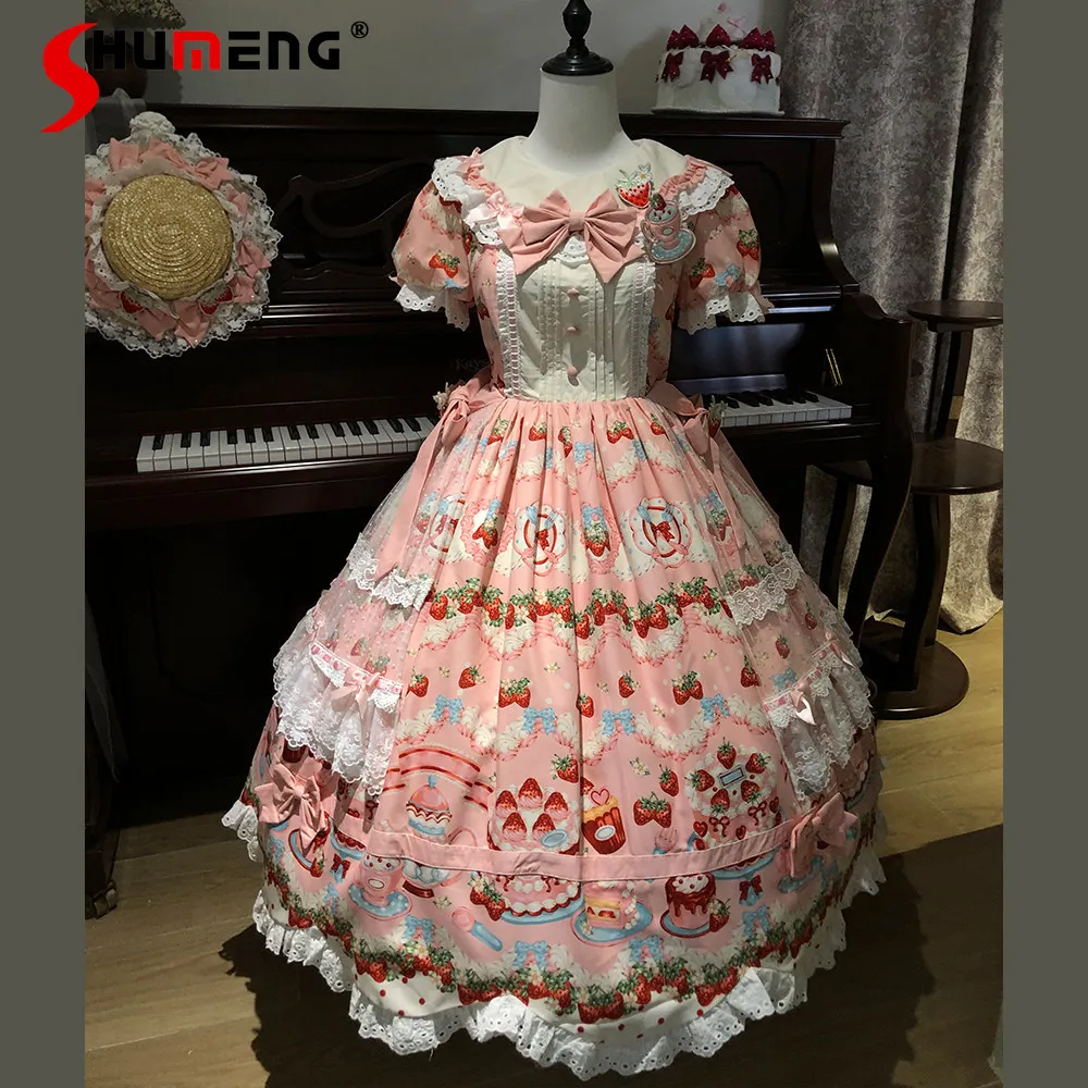 

Pink Lolita Strawberry Dress Women's Summer New Cute Girls Bow Lace Short Sleeve Dress Princess Birthday Party Dress Vestidos